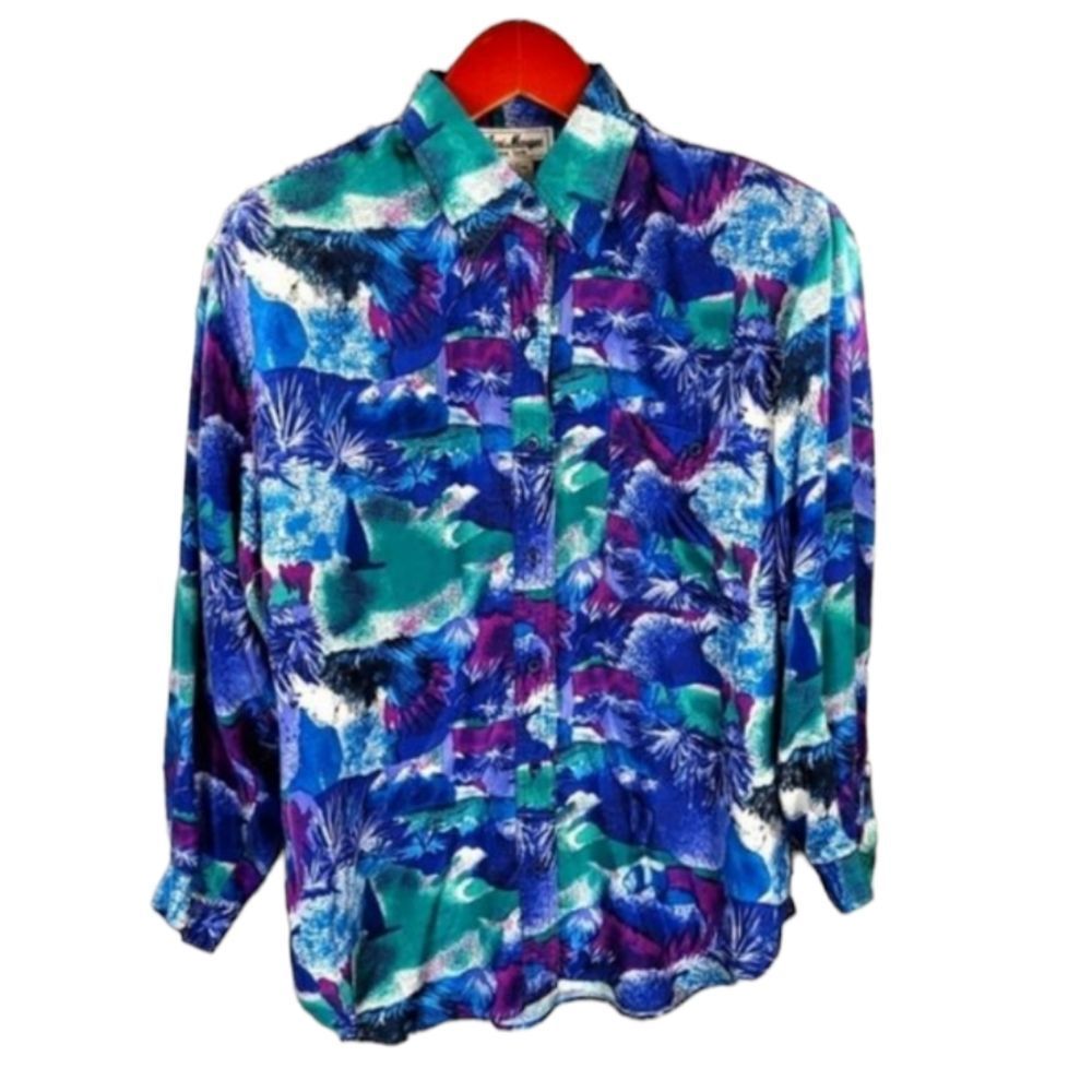 Vintage Silk Blouse button Down shirt top long sleeve Hawaiian colorful Sz Med